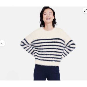 La Ligne Womens Fuzzy Striped Sweater 1X Long Sleeve Soft Knit Ivory & Navy